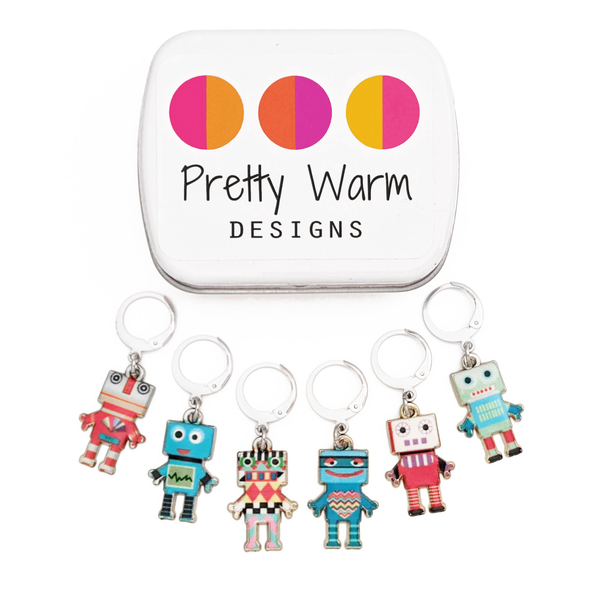 Set of 6 multicoloured robot stitch markers for crochet or knitting with white storage tin
