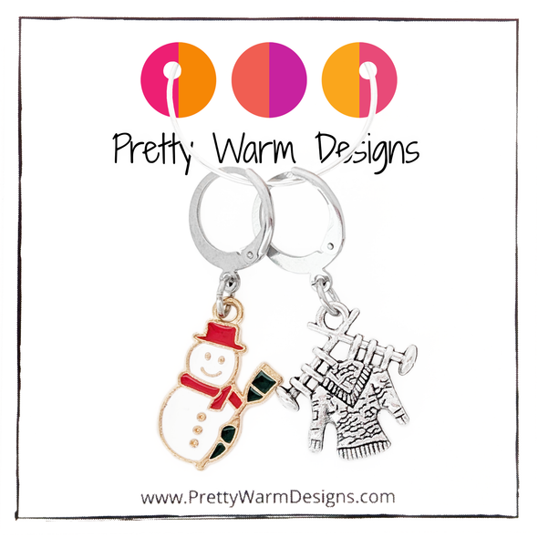 Set of two Christmas snowman and knitting sweater metal enamel charms locking stitch markers for knitting or crocheting