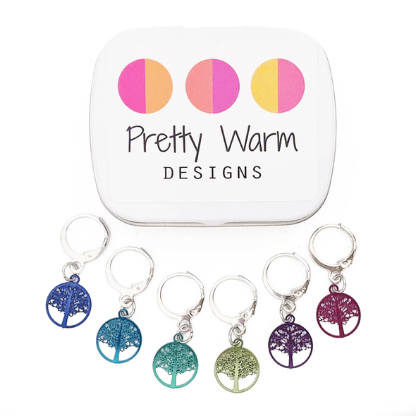 Tree of Life Stitch Marker set of 6 with storage tin, 6 different colours with lever-back clasps for crochet or knitters.