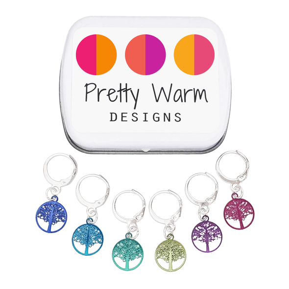 Tree of Life Stitch Marker set of 6 with storage tin, 6 different colours with lever-back clasps for crochet or knitters.