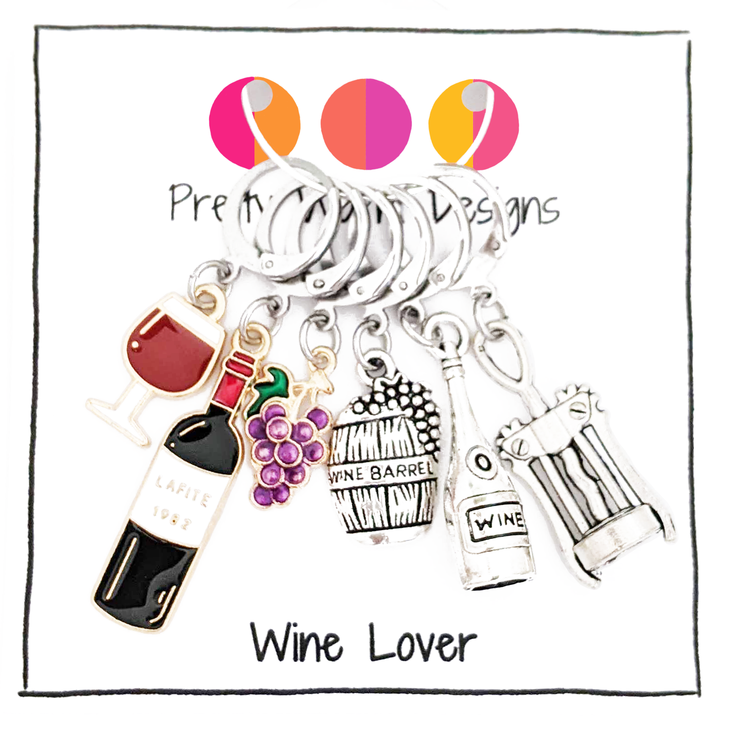Wine Lover Stitch Marker Set, includes six crochet locking stitch holders