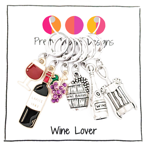 Wine Lover Stitch Marker Set, includes six crochet locking stitch holders