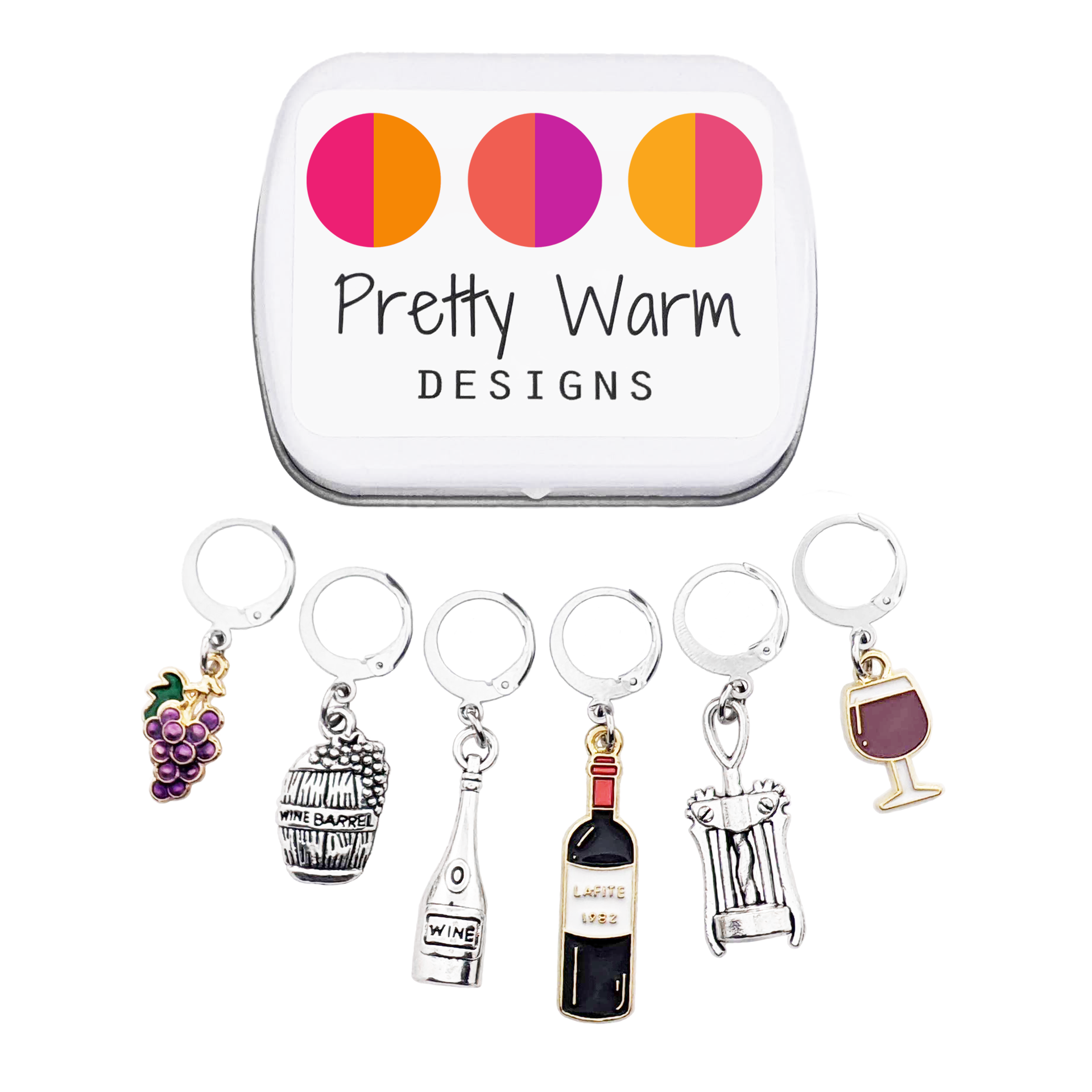 Wine Lover Stitch Marker Set with Storage Tin, includes six crochet locking stitch holders and decorative tin with Pretty Warm Designs logo.