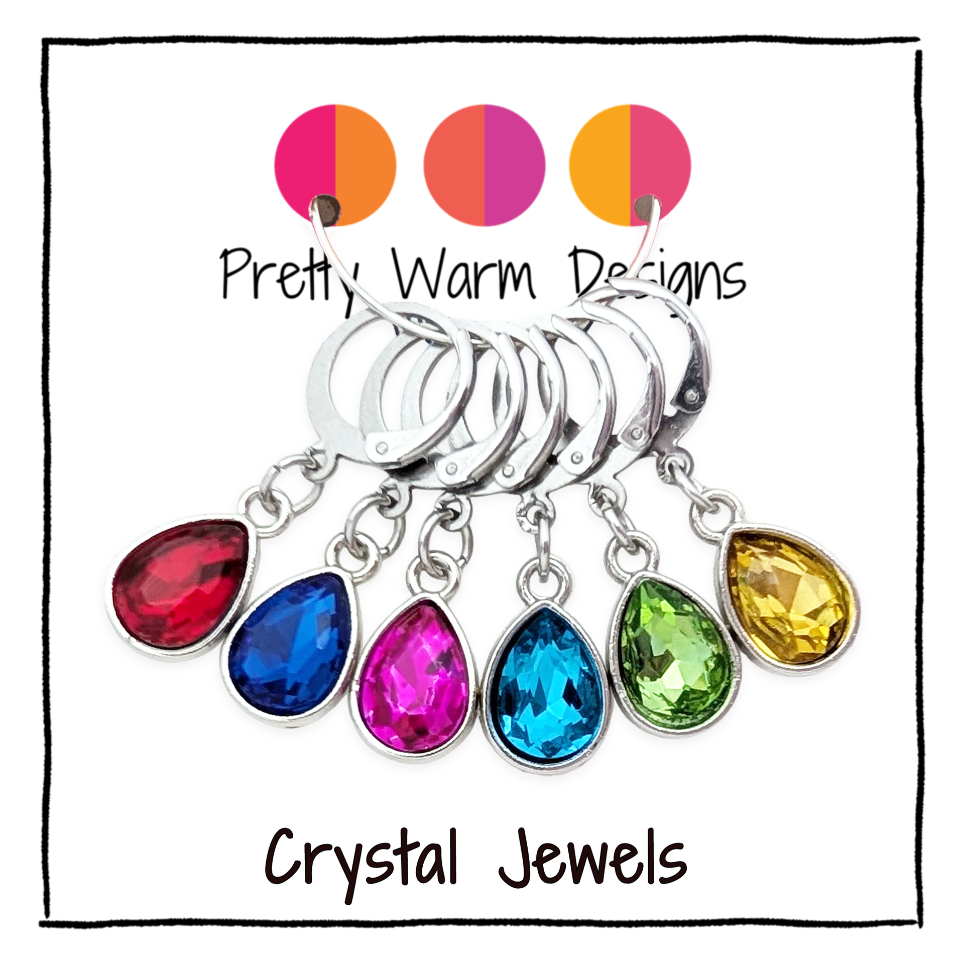 A set of silver-toned crystal removable progress keepers for knitters or crochet with dangling teardrop-shaped gemstones in red, blue, pink, turquoise, green, and yellow, displayed on a white background with 'Pretty Warm Designs' and 'Crystal Jewels' text.