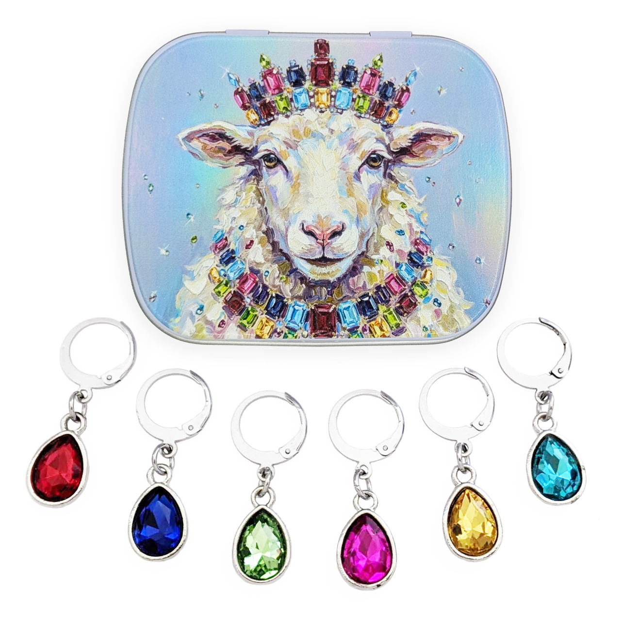 A square metal notions box featuring a colorful painted sheep wearing a crown, shown above six matching teardrop-shaped crystal charm locking stitch markers in red, blue, green, yellow, and turquoise on a white background.