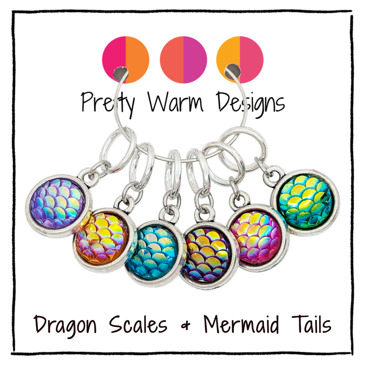 Six silver-tone knitting stitch markers with iridescent dragon scale designs in purple, green, blue, and pink, displayed on a white background with 'Pretty Warm Designs' branding.