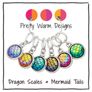 Six silver-tone knitting stitch markers with iridescent dragon scale designs in purple, green, blue, and pink, displayed on a white background with 'Pretty Warm Designs' branding.