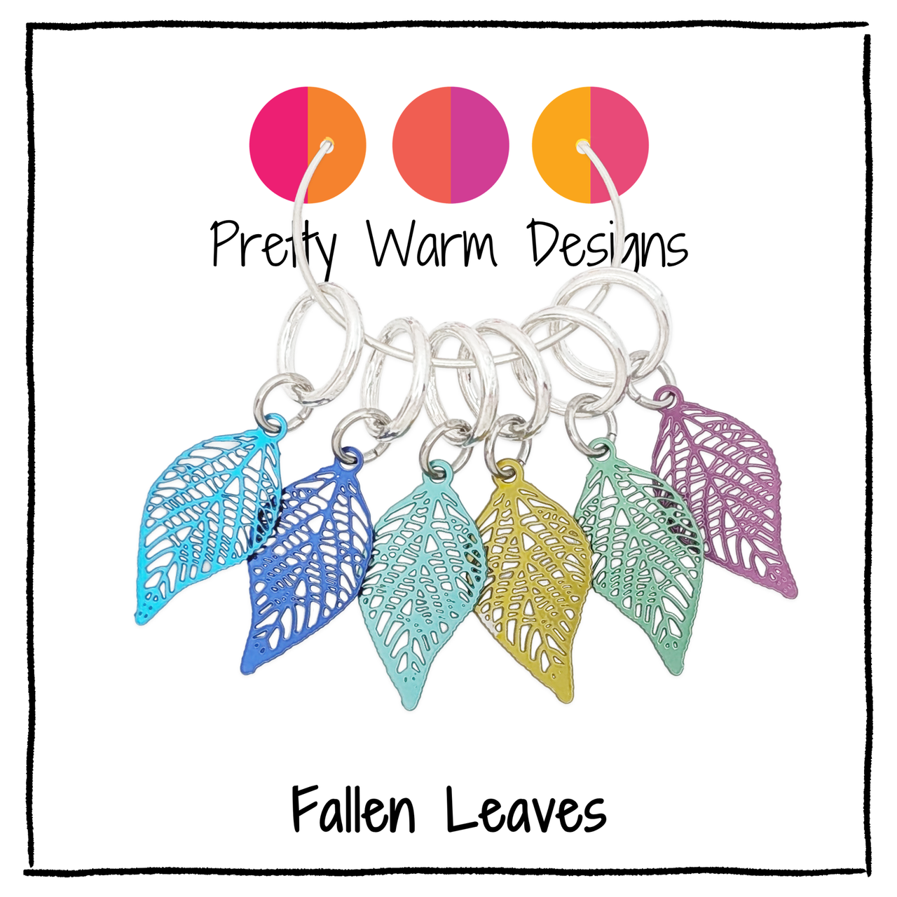 Set of 6 Ring Stitch Markers for Knitters, smooth snag-free rings on lightweight filigree metal charms handmade in Canada by Pretty Warm Designs