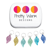 Fallen Leaves Stitch Markers Set of 6 with storage tin, filigree lightweight metal ring style markers for knitting
