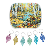 A project bag notions tin featuring a chipmunk in an autumn scene with six ring style stitch markers for knitters, lightweight filigree metal charms