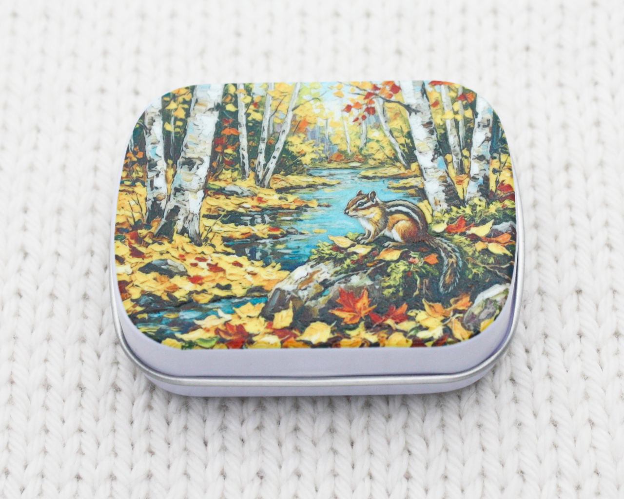 A small craft storage case featuring a Canadian scene with a chipmunk amongst the autumn leaves, beside a freshwater stream.