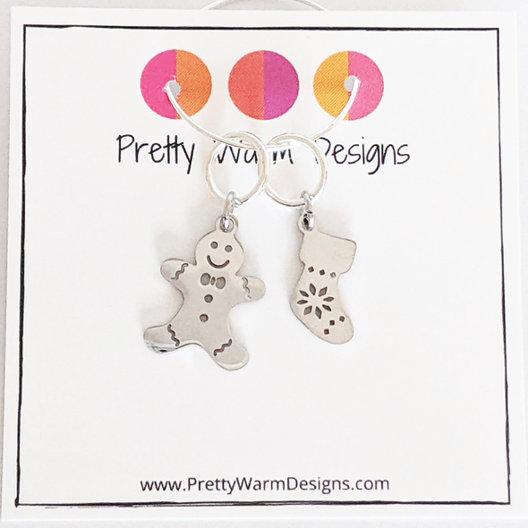 Gingerbread Man and Christmas Stocking Ring Style Stitch Marker Duo by Pretty Warm Designs