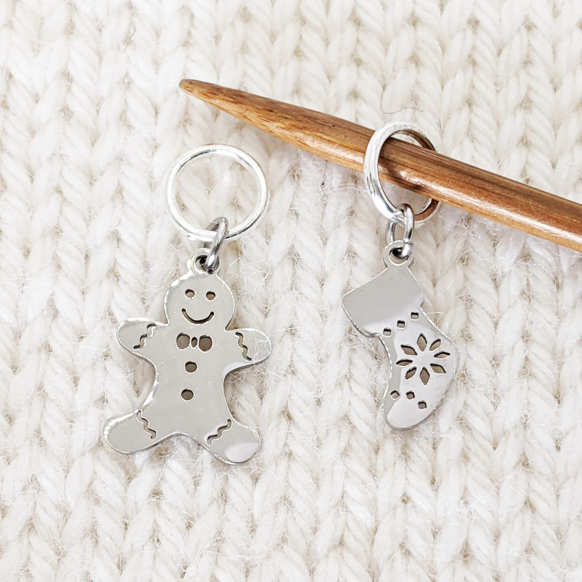 Gingerbread Man and Christmas Stocking Ring Style Stitch Marker Duo by Pretty Warm Designs