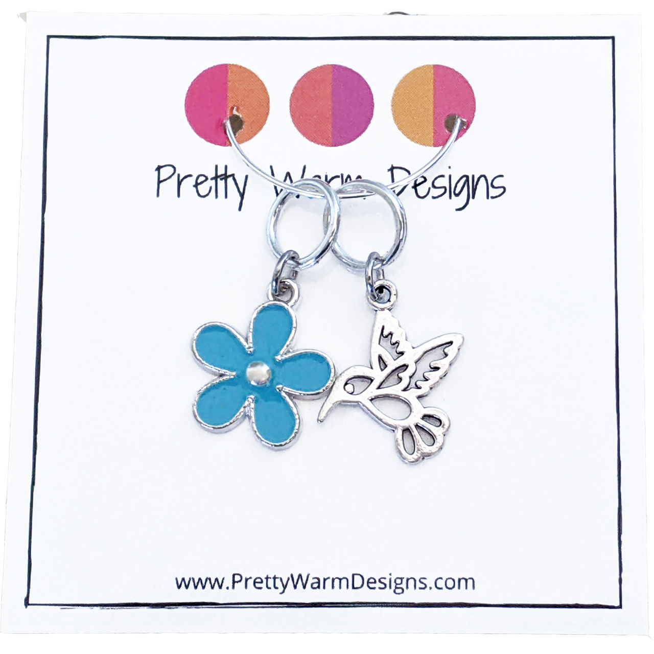 Hummingbird and Blue Flower Ring Stitch Markers for Knitting