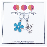Hummingbird and Blue Flower Ring Stitch Markers for Knitting