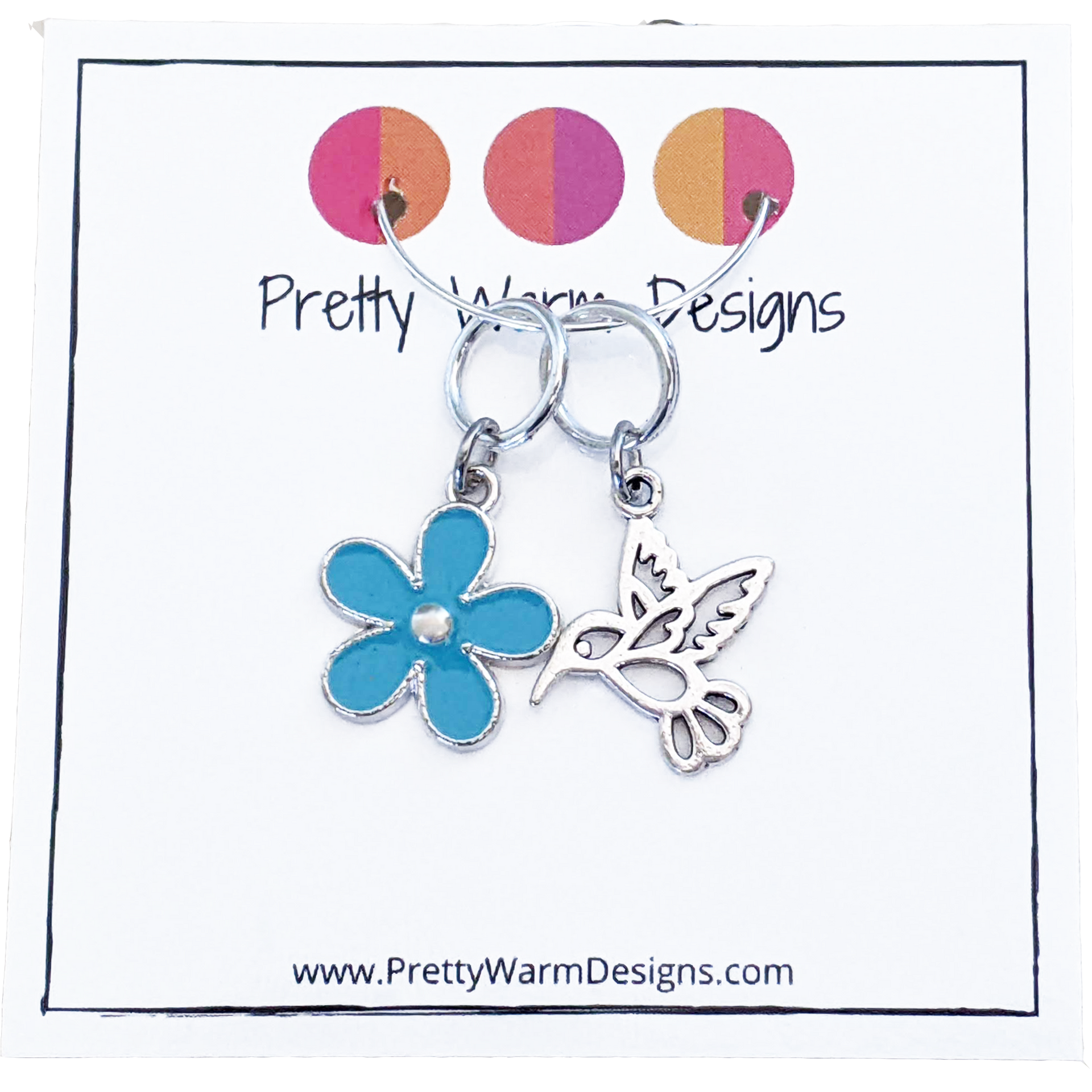 Hummingbird and Blue Flower Ring Stitch Markers for Knitting