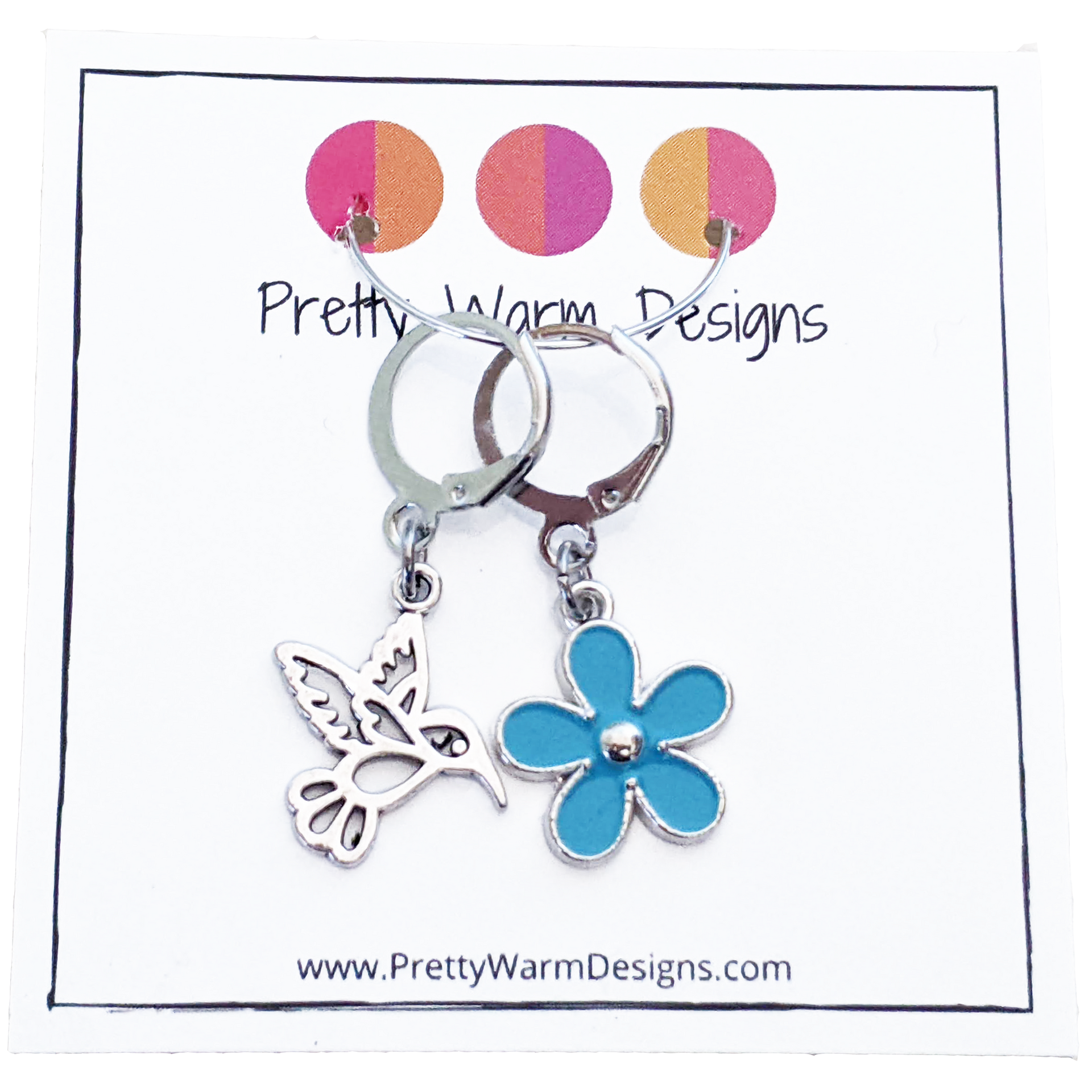 Hummingbird and Blue Flower Stitch Markers for Crocheting or Knitting