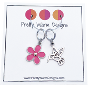 Hummingbird and Pink Flower Ring Stitch Markers for Knitting