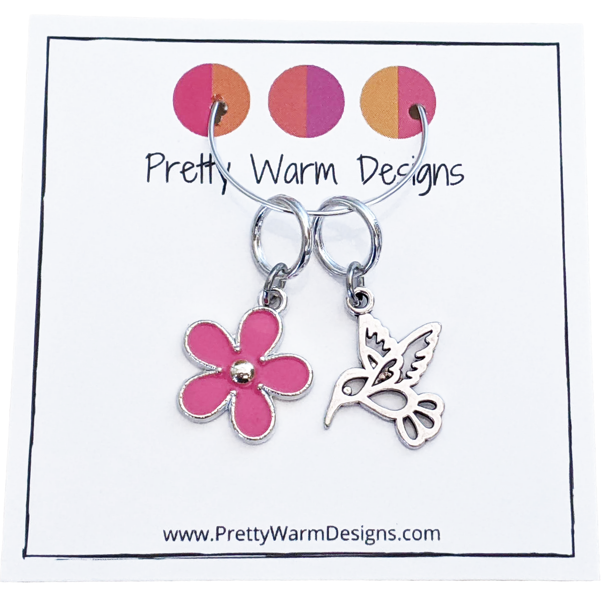 Hummingbird and Pink Flower Ring Stitch Markers for Knitting