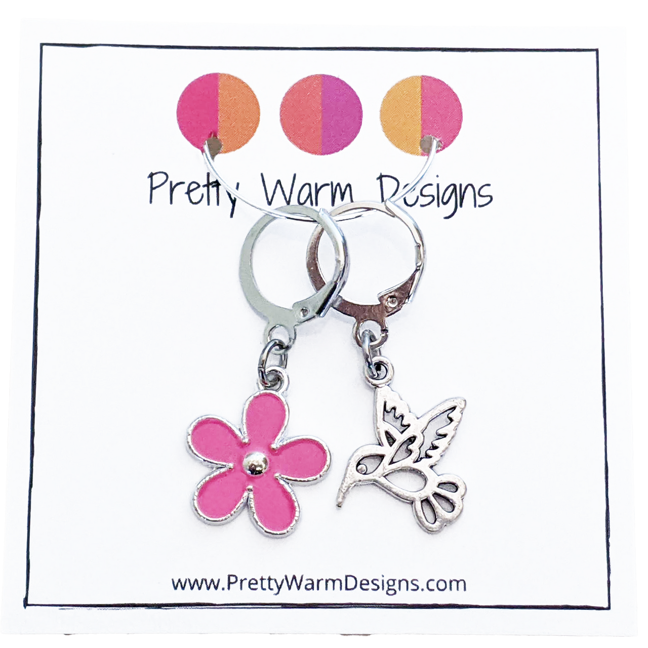 Hummingbird and Pink Flower Stitch Markers for Crocheting or Knitting