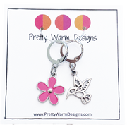Hummingbird and Pink Flower Stitch Markers for Crocheting or Knitting