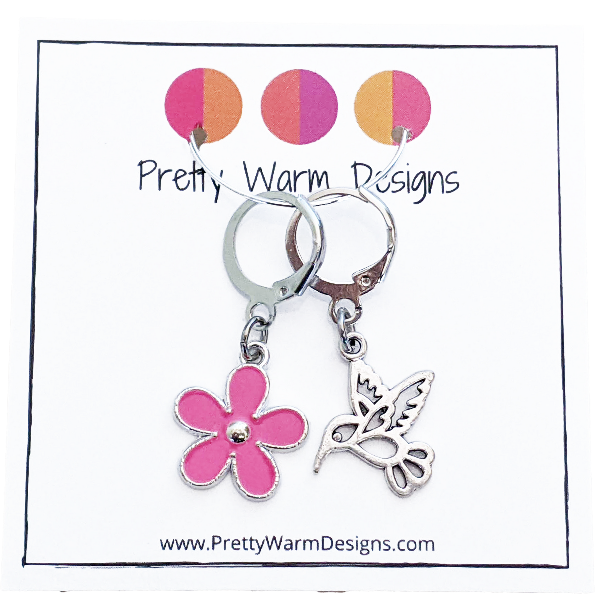 Hummingbird and Pink Flower Stitch Markers for Crocheting or Knitting