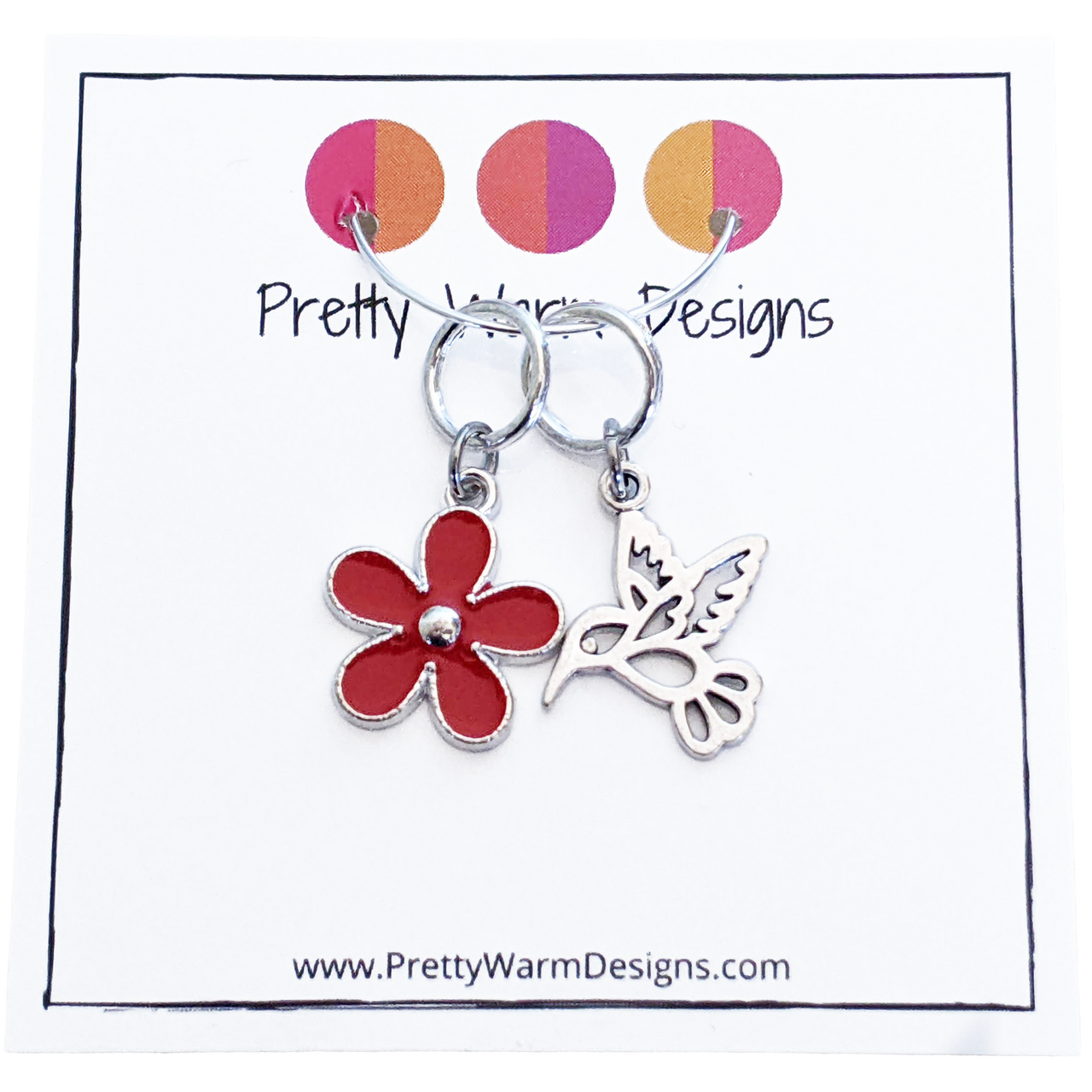 Hummingbird and Red Flower Ring Stitch Markers for Knitting