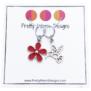 Hummingbird and Red Flower Ring Stitch Markers for Knitting