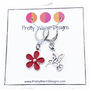 Hummingbird and Red Flower Stitch Markers for Crocheting or Knitting