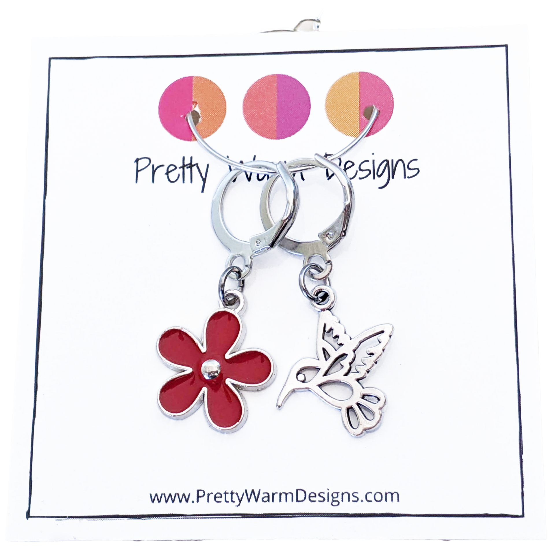 Hummingbird and Red Flower Stitch Markers for Crocheting or Knitting