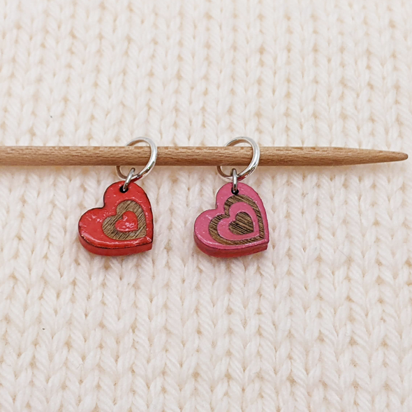 Valentine Hearts Knitting Ring Stitch Markers on knitting needle