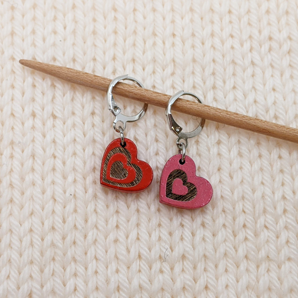 Valentine Hearts Crochet Locking Stitch Markers on knitting needle
