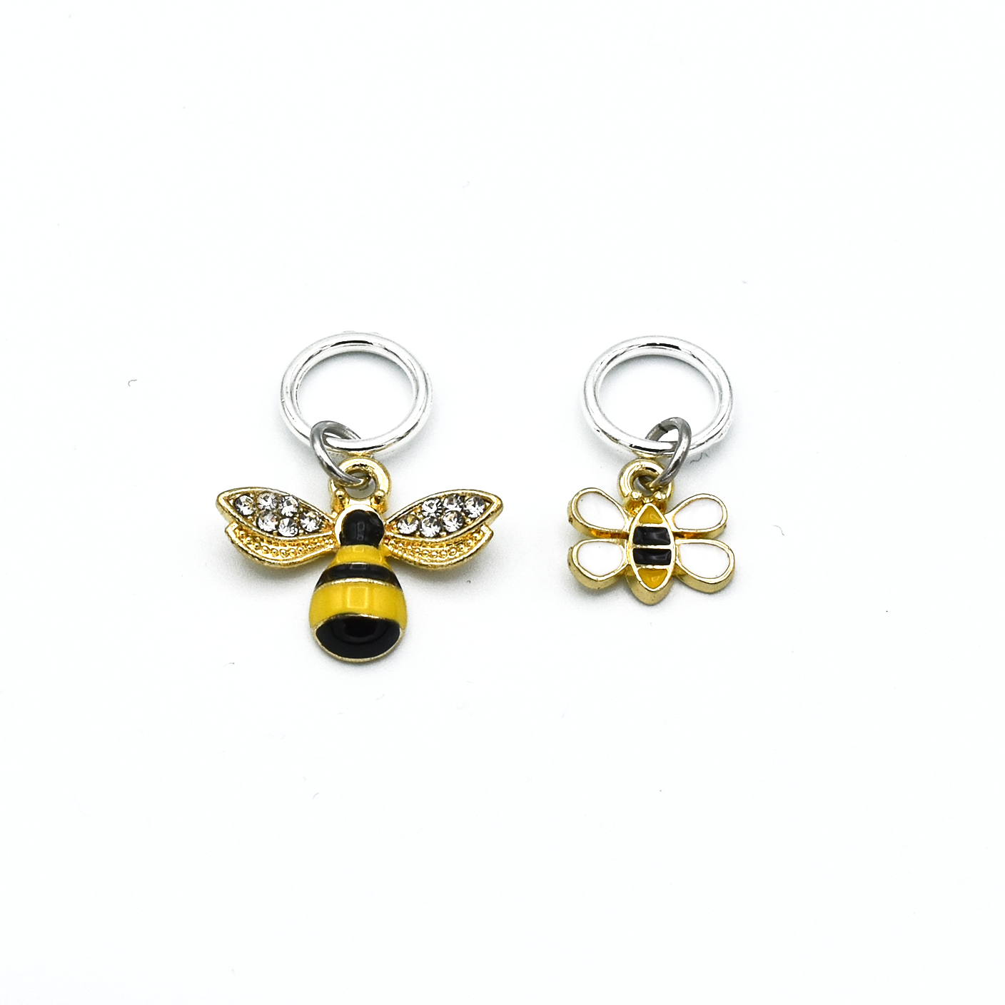 Two gold toned bee charm snag free ring stitch markers for knitting by Pretty Warm Designs