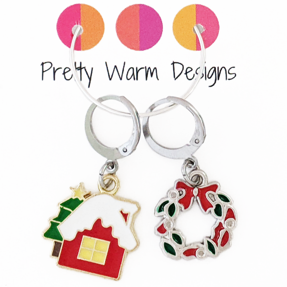 Winter House + Wreath Christmas Crochet Stitch Marker Duo