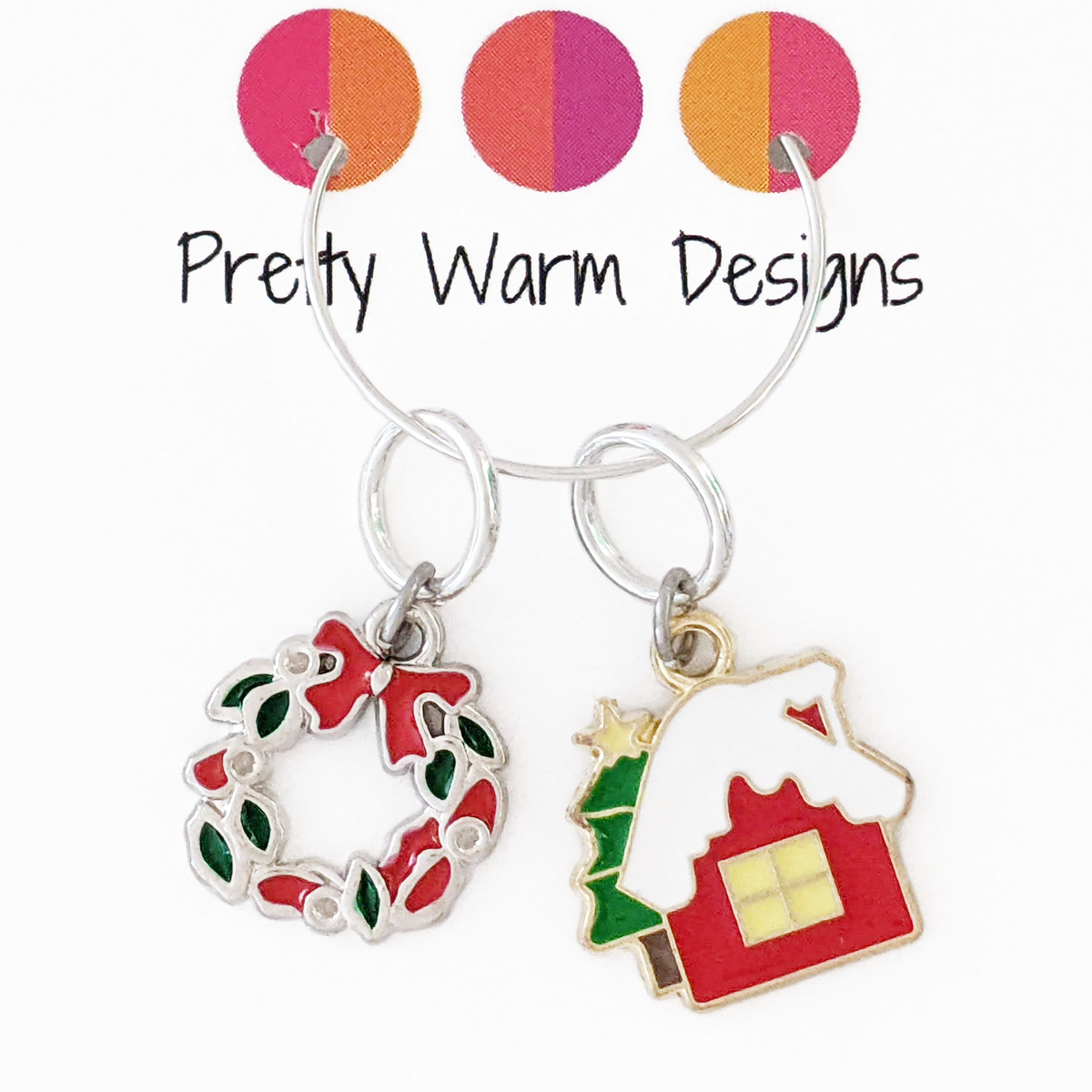 Winter House + Wreath Stitch Markers - Set of 2 Christmas Ring Markers for Knitting