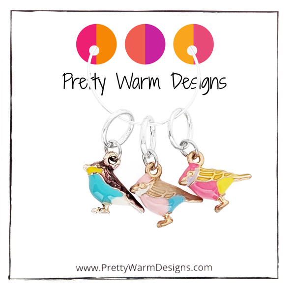 A Bird In the Hand Stitch Markers for knitting - Set of three ring style 3D bird charm stitch markers