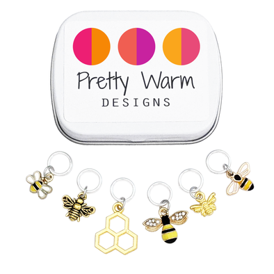 Set of six gold toned bee themed charms snag free ring stitch markers with tin for knitting by Pretty Warm Designs