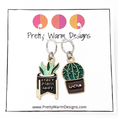 Set of two cactus themed stitch markers for knitting by Pretty Warm Designs