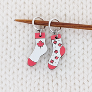 Canada Flag Sock Stitch Markers for Knitting - Ring Style, shown on knitting needle.