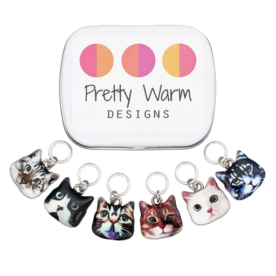 Set of six photo enamel cat charms snag free ring stitch markers with tin for knitting by Pretty Warm Designs