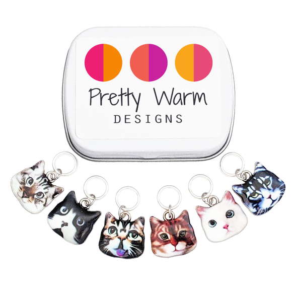 Set of six photo enamel cat charms snag free ring stitch markers with tin for knitting by Pretty Warm Designs