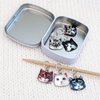 Set of six photo enamel cat charms snag free ring stitch markers with tin for knitting by Pretty Warm Designs