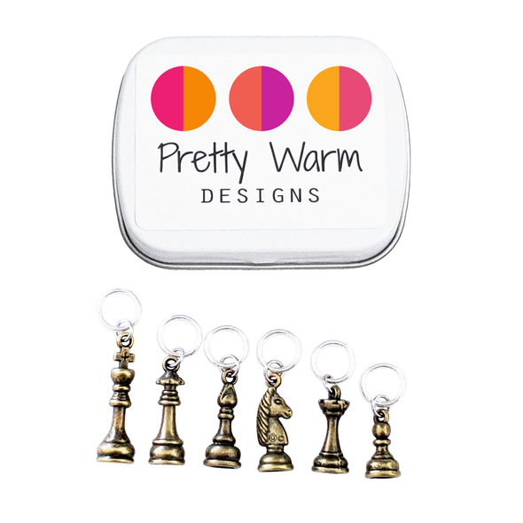 Chess Master Set of 6 Stitch Markers for Knitting including storage tin - bronze