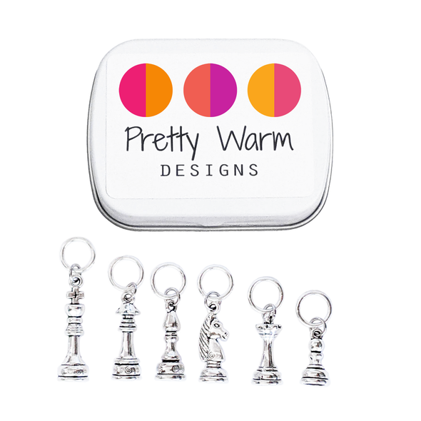 Set of 6 Chess Master Stitch Markers for knitting with storage tin - Silver