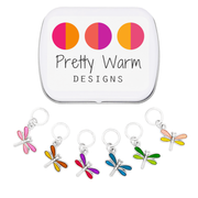 Set of 6 Dragonfly Ring Stitch Markers for Knitting including storage tin by Pretty Warm Designs