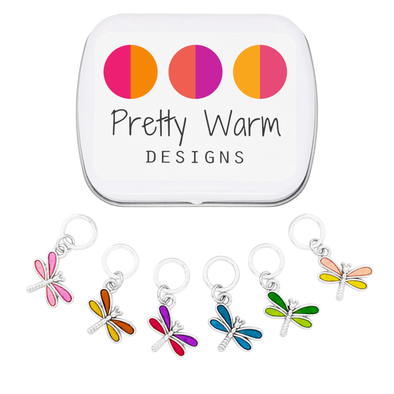 Set of 6 Dragonfly Ring Stitch Markers for Knitting including storage tin by Pretty Warm Designs