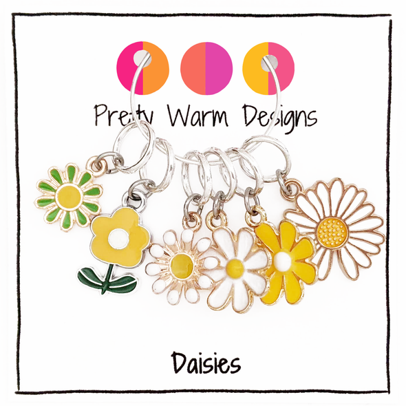 Set of six white, yellow and green enamel daisy charms snag free ring stitch markers with for knitting by Pretty Warm Designs