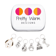 Set of six dog themed charms snag free ring stitch markers with tin for knitting by Pretty Warm Designs - Beagle