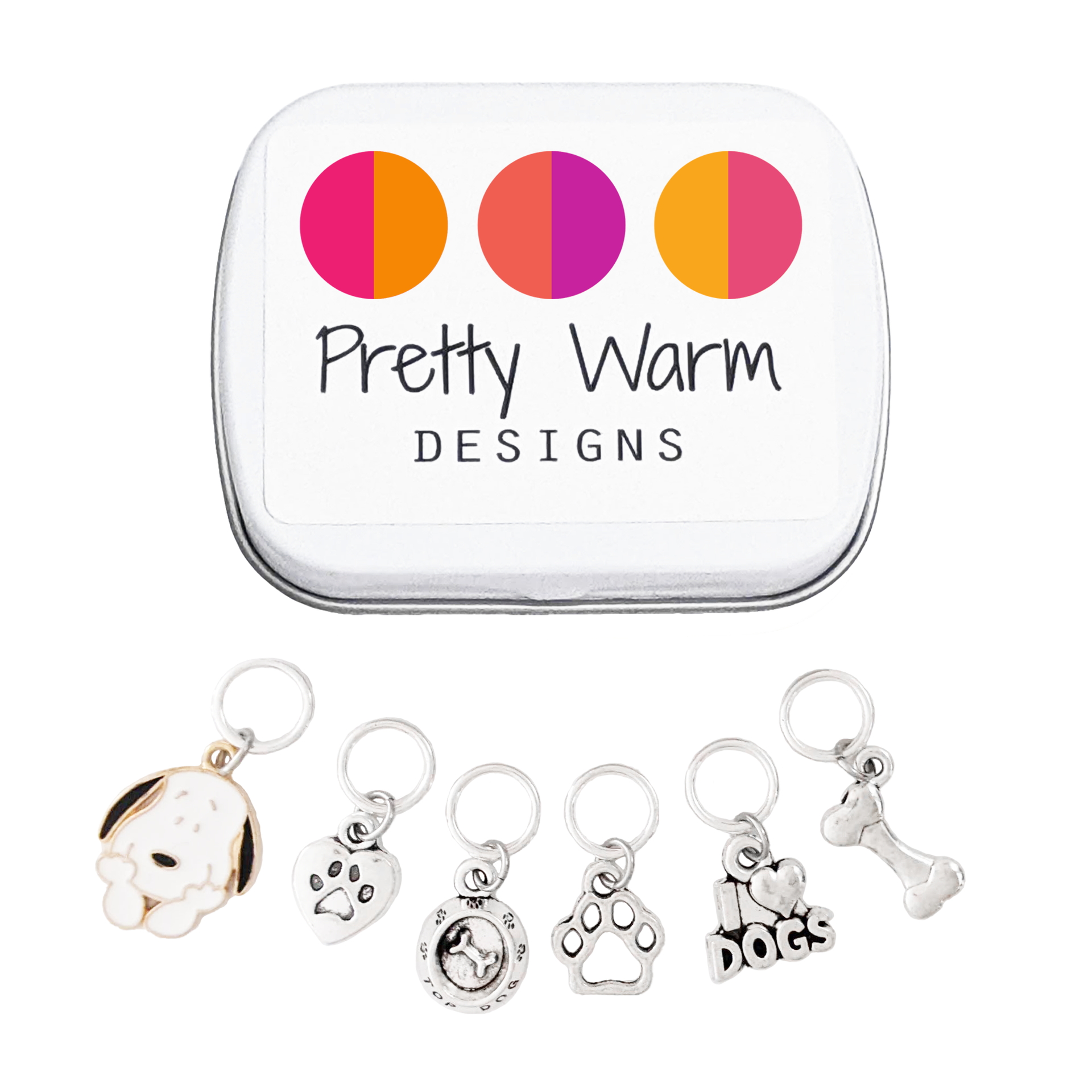 Set of six dog themed charms snag free ring stitch markers with tin for knitting by Pretty Warm Designs - Beagle