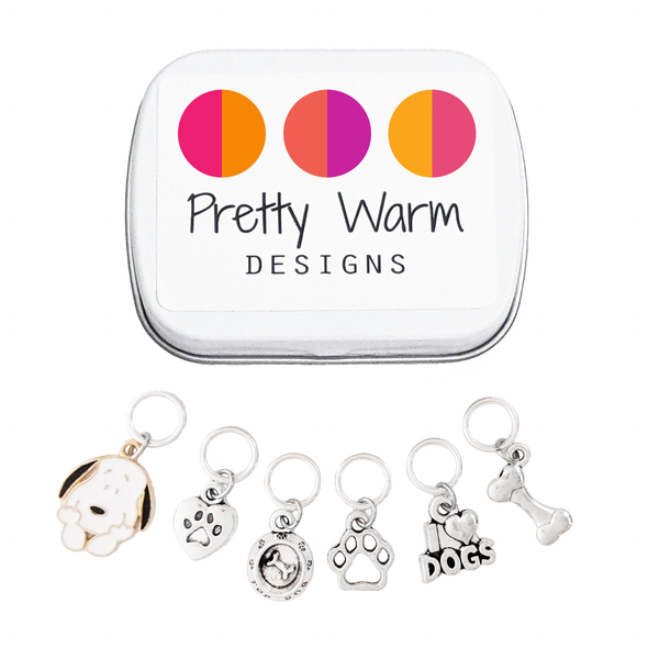 Set of six dog themed charms snag free ring stitch markers with tin for knitting by Pretty Warm Designs - Beagle